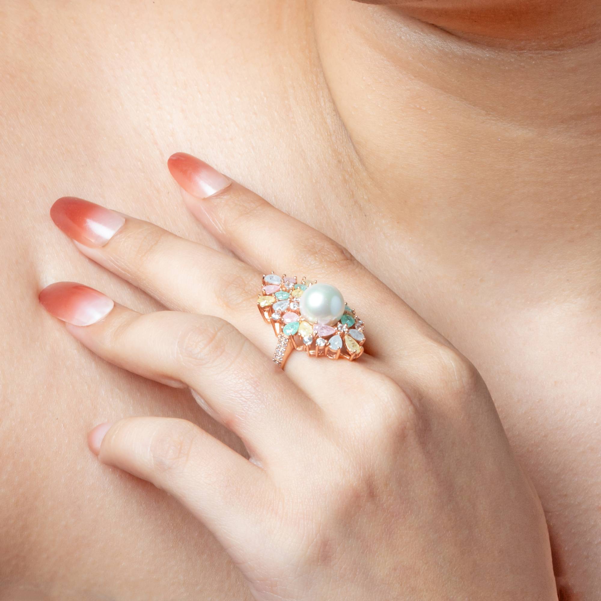 Elegant Pearl Rose Gold Pastel Gem Ring