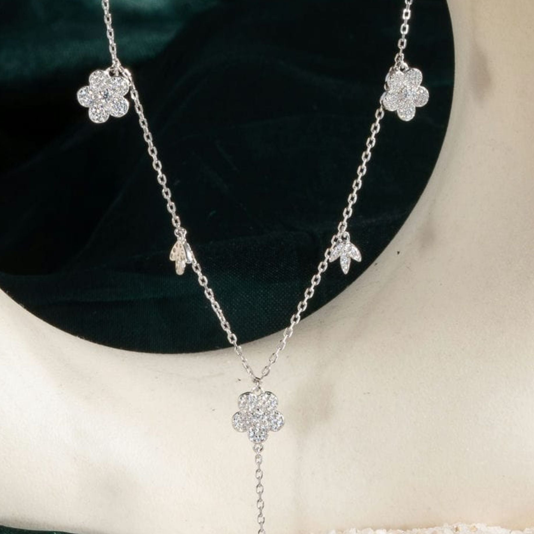 Delicate Leaf and Flower Silver Pendant Necklace Set